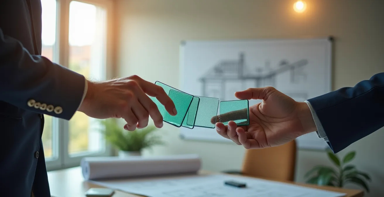 Vitrier professionnel présentant des échantillons de vitrage à un client